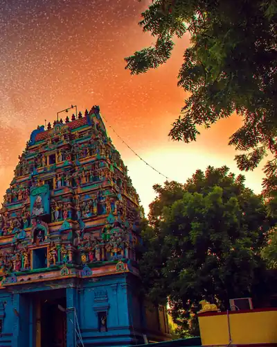 Colourful gopuram of a Dravidian temple in Chennai at night