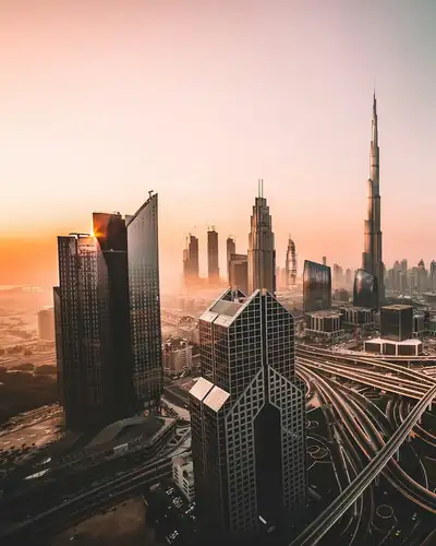 Dubai skyline with the Burj Khalifa at golden hour