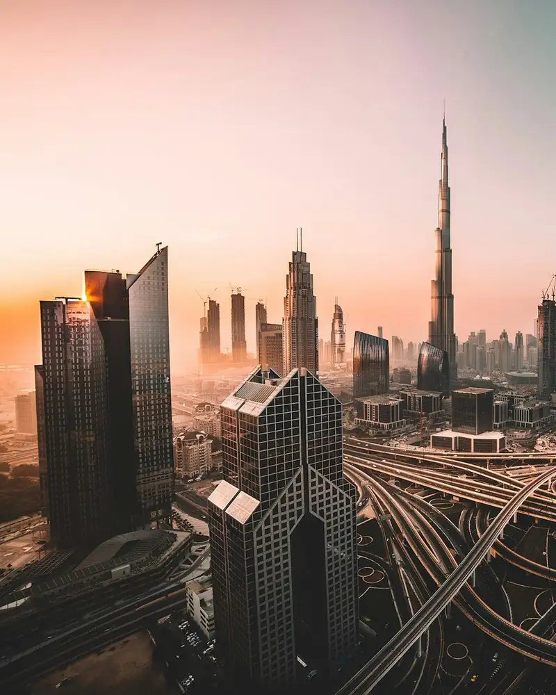 Dubai skyline with the Burj Khalifa at golden hour