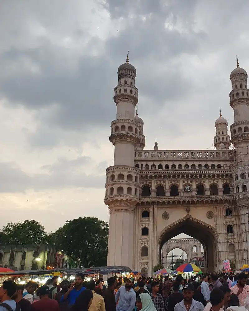 Charminar, Hyderabad, with crowds in the old-city bazaar