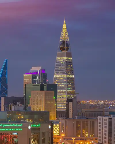 Riyadh skyline with Kingdom Centre and Al Faisaliah towers at dusk