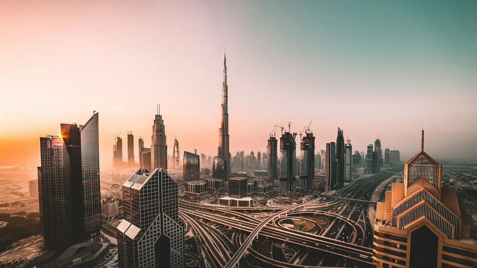 Dubai skyline with the Burj Khalifa at golden hour