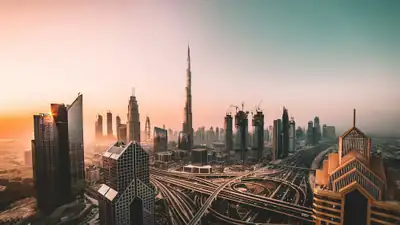 Dubai skyline with the Burj Khalifa at golden hour