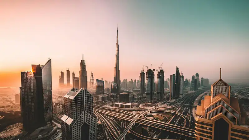 Dubai skyline with the Burj Khalifa at golden hour
